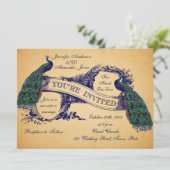 Blue Peacocks Vintage Wedding Invitations (Debout devant)