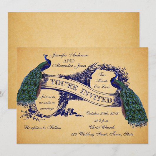 Blue Peacocks Vintage Wedding Invitations (Devant / Derrière)
