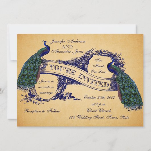 Blue Peacocks Vintage Wedding Invitations (Devant)