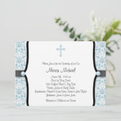 Blue Pearl Cross Blue Black Damask Christening Kaart (Staand voorkant)
