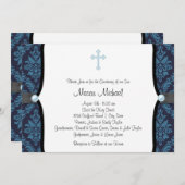 Blue Pearl Cross Blue Black Damask Christening Kaart (Voorkant / Achterkant)