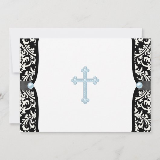 Blue Pearl Cross Blue Black Damask Christening Kaart (Achterkant)