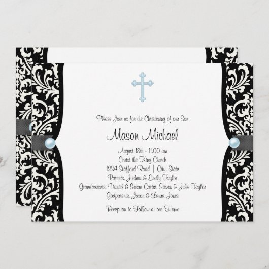 Blue Pearl Cross Blue Black Damask Christening Kaart (Voorkant / Achterkant)