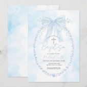 Blue Pearl Frame Baptism Christening Invitation (Devant / Derrière)