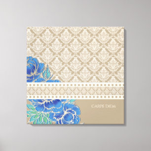 BLUE PEONIES & DAMASK - Wrapped Canvas Afdruk
