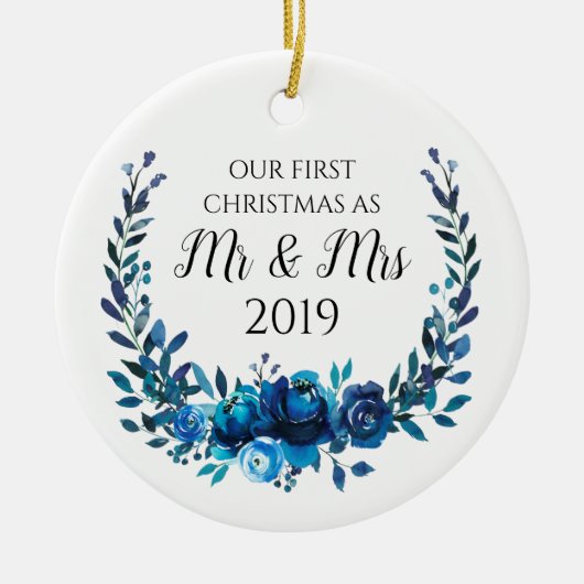 Blue Peonies First Kerstmis als Mr & Mrs. Keramisch Ornament (Voorkant)