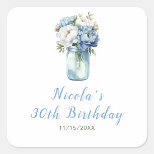 Blue Peonies Mason Jar Verjaardag Vierkante Sticker