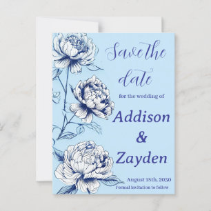 Blue Peony Chinoiserie Sla de datumkaarten op Briefkaart