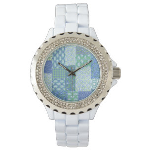 Blue Periwinkle Floral Boho Faux Patchwork Patroon Horloge