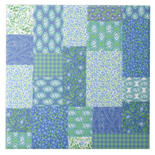 Blue Periwinkle Floral Boho Faux Patchwork Patroon Tegeltje