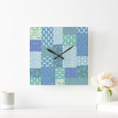 Blue Periwinkle Floral Boho Faux Patchwork Patroon Vierkante Klok (Huis)