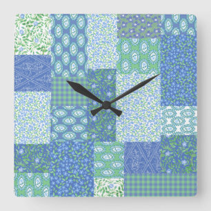 Blue Periwinkle Floral Boho Faux Patchwork Patroon Vierkante Klok