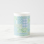 Blue Periwinkle Flowers  Faux Patchwork Porselein Kop (Voorkant)