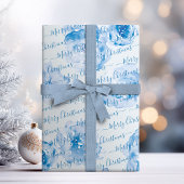 Blue Personalized Merry kerstscript Floral Cadeaupapier