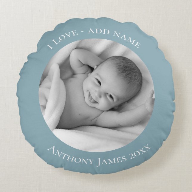 Blue Personalized Photo Name Year Rond Kussen (Voorkant)