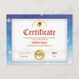 Blue Personalized Santa's Nice List Certificate Briefkaart