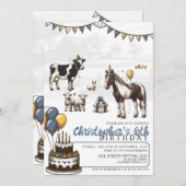 Blue Petting Zoo Verjaardagsfeestuitnodiging Kaart (Voorkant / Achterkant)