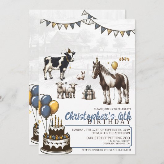 Blue Petting Zoo Verjaardagsfeestuitnodiging Kaart (Voorkant / Achterkant)