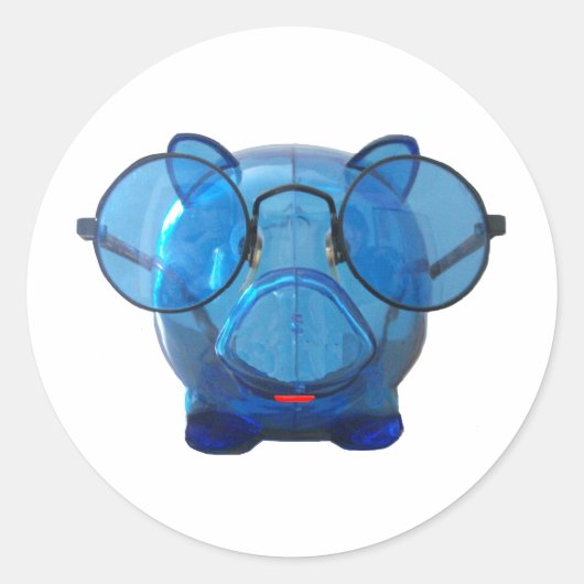 Blue Piggy Bank met bril Ronde Sticker (Voorkant)