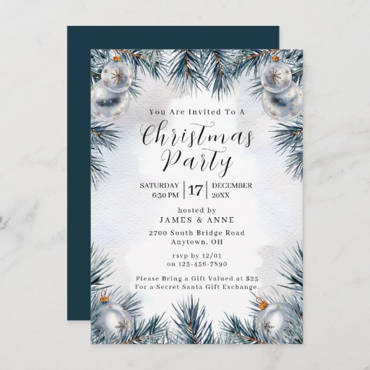 Blue Pine Christmas Party Invitation (Devant / Derrière)