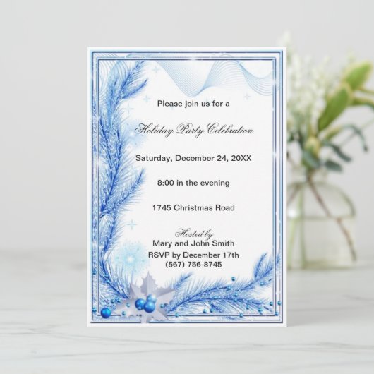 Blue Pine Holly Fête de Noël Invitation (Debout devant)