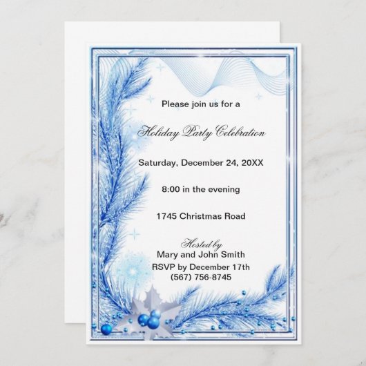 Blue Pine Holly Fête de Noël Invitation (Devant / Derrière)