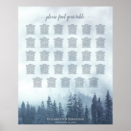Blue Pine Trees 29 Table Wedding Seating Chart Poster (Voorkant)