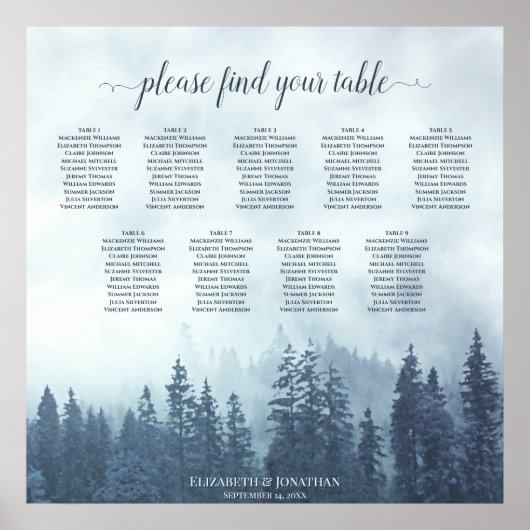 Blue Pine Trees 9 Table Wedding Seating Chart Poster (Voorkant)