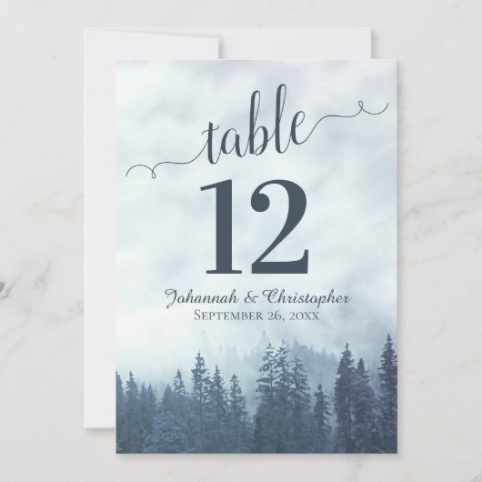 Blue Pine Trees Wedding Table Number Kaart Large (Voorkant)