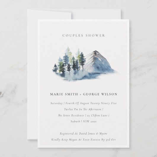 Blue Pine Woods Mountain Couples Douche Invitation (Devant)