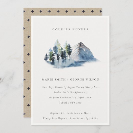 Blue Pine Woods Mountain Couples Douche Invitation (Devant / Derrière)