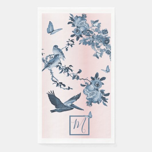Blue Pink Chinoiserie Floral Elegant Monogram Servet (Voorkant)