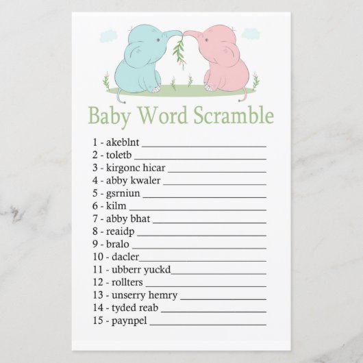 Blue Pink Elephant Baby word scramble game (Voorkant)