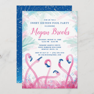 Blue Pink Flamingo Pool Party Sweet 16 Birthday Kaart