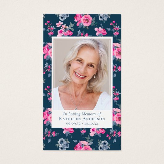 Blue Pink Floral Foto Memorial Prayer Kaart (Voorkant)