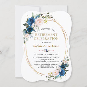 Blue Pink Floral Gold Retirement Celebration Kaart