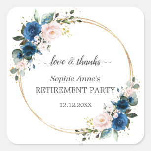 Blue Pink Floral Gold Retirement Celebration Vierkante Sticker