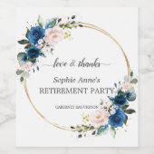 Blue Pink Floral Gold Retirement Celebration Wijn Etiket (Enkel label)