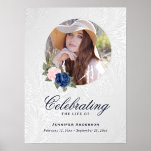 Blue Pink Floral Photo Memorial Funeral Sign Poster