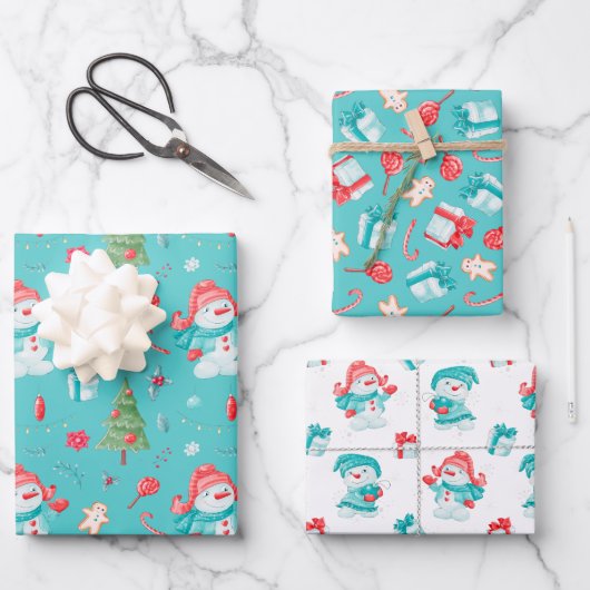 Blue Pink Funny Snowmen Pattern Kinder Kerstmis Inpakpapier Vel (Voorkant)