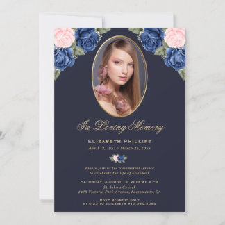 Blue Pink Gold Floral Foto Memorial Funeral Kaart