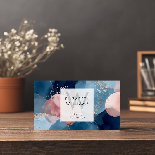 Blue Pink Gold Monogram Modern Business Card