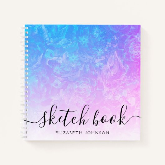 Blue Pink Ombre Floral Girly Name Sketchbook Notitieboek (Voorkant)