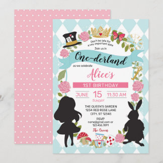 Blue & Pink One derland 1st Birthday Invitation