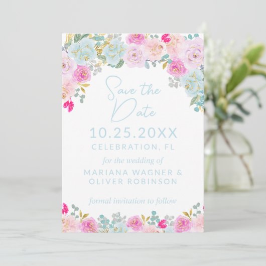 Blue Pink Peach Paarse Bewaar de datum Kaart (Staand voorkant)