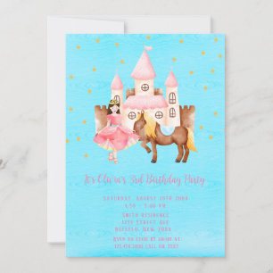 Blue Pink Princess Castle Horse Birthday Party Kaart