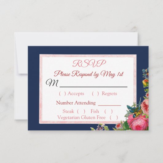 Blue PInk Roses Floral Striped Wedding carte RSVP (Devant)