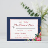 Blue PInk Roses Floral Striped Wedding carte RSVP (Debout devant)
