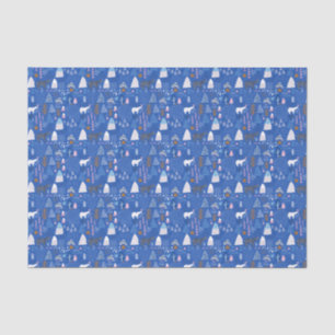 Blue Pink Snowy Happy Winter Forest Beer Bunny Tissuepapier