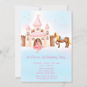 Blue PinkPrincess Castle Horse Birthday Party Kaart
